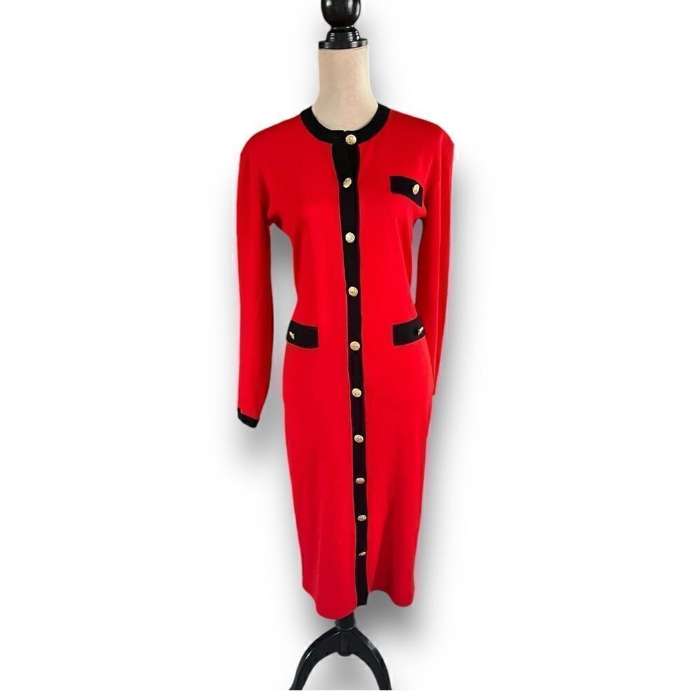 Vintage Red Button Down Sweater Dress with Black Contrast Trim by Outlander, M - Picture 3 of 11